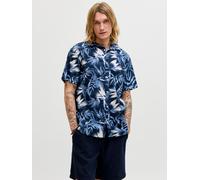 Kurzarmhemd JACK & JONES "JJHONOLULU AOP SHIRT SS", Herren, Gr. XL, N-Gr, navy blazer, Web, Obermaterial: 100% Baumwolle, gemustert, regular fit, Hemden (81788866-XL) navy blazer