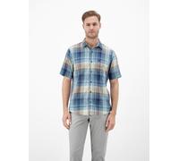 Kurzarmhemd LERROS "Kariertes Kurzarmhemd aus Baumwolle und Leinen", Herren, Gr. M, Normalgrößen, mint water, 71% Baumwolle, 29% Leinen, Hemden (27077059-M) mint water