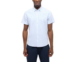 Kurzarmhemd MUSTANG "Herren Style Berkeley", Herren, Gr. L, US-Größen, blau 12895, Web, 55% Leinen, 45% Baumwolle, gestreift, regular fit, Hemden (31089211-L) blau 12895