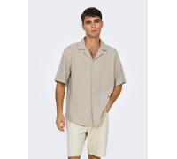 Kurzarmhemd ONLY & SONS "ONSLATHAM RLXSS RESORT LINEN STRUC 0257", Herren, Gr. M, N-Gr, beige (silber lining), Web, Obermaterial: 55% Leinen, 45% Viskose, unifarben, relaxed fit normal, Hemden (856764