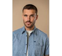 Kurzarmhemd PETROL INDUSTRIES "Men Shirt Short Sleeve Uni", Herren, Gr. XL (42), N-Gr, blau (light indigo), Jersey, Obermaterial: 71% Baumwolle, 26% Leinen, 3% Elasthan, meliert, regular fit normal, g