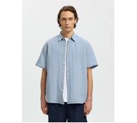 Langarmhemd SELECTED "SLHREGCLAY LINENBLEND SS SHIRT CLA NOOS", Herren, Gr. M, N-Gr, dusty blau stripes:weiß, Web, Obermaterial: 55% Leinen, 45% Baumwolle, gestreift, regular fit, Hemden (45708532-M)