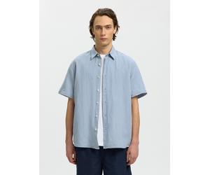 Kurzarmhemd SELECTED "SLHREGCLAY LINENBLEND SS SHIRT CLA NOOS", Herren, Gr. M, N-Gr, dusty blau stripes:weiß, Web, Obermaterial: 55% Leinen, 45% Baumwolle, gestreift, regular fit normal, ohne Ausschni