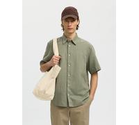 Kurzarmhemd SELECTED "SLHREGCLAY LINENBLEND SS SHIRT CLA NOOS", Herren, Gr. XL, N-Gr, vetiver, Web, Obermaterial: 55% Leinen, 45% Baumwolle, unifarben, regular fit normal, ohne Ausschnitt, Hemden, Mat