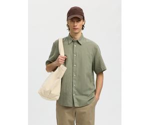 Kurzarmhemd SELECTED "SLHREGCLAY LINENBLEND SS SHIRT CLA NOOS", Herren, Gr. XL, N-Gr, vetiver, Web, Obermaterial: 55% Leinen, 45% Baumwolle, unifarben, regular fit normal, ohne Ausschnitt, Hemden, Mat
