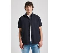 Kurzarmhemd STREET ONE MEN, Herren, Gr. L42, US-Größen, blau (schwarz ink blau), Web, 100% Baumwolle, unifarben, gerade normal, V-Ausschnitt, Bündchen, Hemden, mit Brusttaschen und Knopfleiste (690167