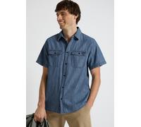Kurzarmhemd STREET ONE MEN, Herren, Gr. M (40), US-Größen, indigo blau wash, Web, 100% Baumwolle, unifarben, regular fit normal, V-Ausschnitt, abgesteppt, Hemden, aus reiner Baumwolle (78093403-M) ind