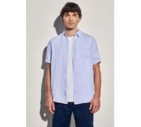 Kurzarmhemd STREET ONE MEN, Herren, Gr. M40, US-Größen, blau (summer blau), Stoff, 100% Leinen, gestreift, gerade normal, V-Ausschnitt, Bündchen, Hemden, mit Brusttaschen und Knopfleiste (56163061-M)