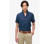 Kurzarmhemd SUPERDRY "VACATION LINEN S/S SHIRT", Herren, Gr. M, N-Gr, blau (navy), Web, Obermaterial: 100% Seide, gestreift, regular fit, Rundhals, Hemden (54246035-M) navy