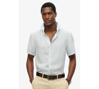 Kurzarmhemd SUPERDRY "VACATION LINEN S/S SHIRT", Damen, Gr. S, N-Gr, blau (sky blau ticking linen), Web, Obermaterial: 100% Seide, gemustert, regular fit, Rundhals, Hemden Kurzarmhemd (58928365-S)