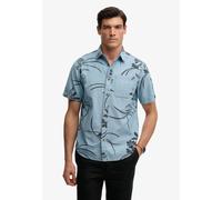 Kurzarmhemd SUPERDRY "VINTAGE LOOM S/S SHIRT", Herren, Gr. L, N-Gr, blau (mid wash blau hawaiian), Web, Obermaterial: 100% Baumwolle, gemustert, relaxed fit normal, Rundhals, Hemden, mit sommerlich co