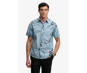 Kurzarmhemd SUPERDRY "VINTAGE LOOM S/S SHIRT", Herren, Gr. L, N-Gr, blau (mid wash blau hawaiian), Web, Obermaterial: 100% Baumwolle, gemustert, relaxed fit normal, Rundhals, Hemden, mit sommerlich co