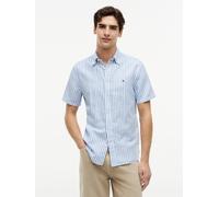 Kurzarmhemd TOMMY HILFIGER "LINEN BLEND BENGAL STP SS RF SHT", Herren, Gr. M (48/50), N-Gr, blau (blau spell, stripe), Web, Obermaterial: 52% Baumwolle, 48% Leinen, gestreift, regular fit, Hemden, Reg
