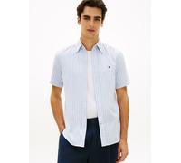 Kurzarmhemd TOMMY HILFIGER "LINEN BLEND BENGAL STRIPE", Herren, Gr. L, N-Gr, cloudy blau, stripe, Web, Obermaterial: 52% Baumwolle, 48% Leinen, regular fit, Hemden, regular fit, gestreift, Button-down