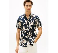 Kurzarmhemd TOMMY HILFIGER "LINEN BLEND FLOWER PRINT", Herren, Gr. L (52), N-Gr, blau (schwarz night navy, allover), Web, Obermaterial: 52% Baumwolle, 48% Leinen, regular fit normal, Hemden, aus Leine