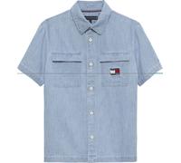 Kurzarmhemd TOMMY HILFIGER "WAVY FLAG HERRINGBONE SHIRT SHORT SLEEVE", Jungen, Gr. 14 (164), N-Gr, denim medium, Web, Obermaterial: 100% Baumwolle, unifarben, hüftbedeckend, abgesteppte Kante, Hemden,