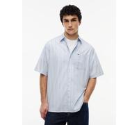 Kurzarmhemd TOMMY JEANS "POPLIN STRIPE SHIRT", Herren, Gr. XXL (58), N-Gr, blau (moonlight iris stripe), Web, Obermaterial: 100% Baumwolle, gestreift, relaxed fit normal, Rundhals, eingesetzt abgestep