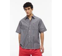 Kurzarmhemd TOMMY JEANS "POPLIN STRIPE SHIRT", Herren, Gr. XXL (58), N-Gr, grau (schwarz night navy stripe), Web, Obermaterial: 100% Baumwolle, gestreift, relaxed fit normal, Rundhals, eingesetzt abge