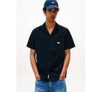 Kurzarmhemd TOMMY JEANS "TJM CORD REG CAMP SHIRT", Damen, Gr. S, N-Gr, blau (schwarz night navy), Web, Obermaterial: 100% Baumwolle, unifarben, regular fit normal, Rundhals, eingesetzt abgesteppte Kan