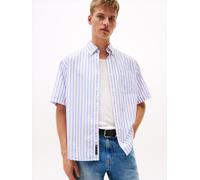 Kurzarmhemd TOMMY JEANS "TJM POPLIN RLX SS SHIRT EXT", Herren, Gr. M, N-Gr, beige (ecru stripes), Web, Obermaterial: 100% Baumwolle, gemustert, gestreift, mehrfarbig, regular fit normal, Rundhals, ein