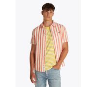 Kurzarmhemd TOMMY JEANS "TJM REG LINEN BLEND STP SS SHIRT", Herren, Gr. L, N-Gr, beige (ecru, bright vermillion), Web, Obermaterial: 58% Baumwolle, 42% Leinen, regular fit normal, Rundhals, eingesetzt
