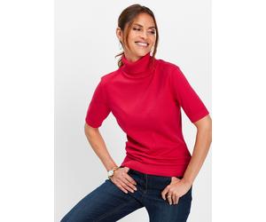 Kurzarmpullover BONPRIX "Rollkragenpullover, Kurzarm", Damen, Gr. 44/46 (L), rot (granatrot), Feinstrick, Obermaterial: 70% Baumwolle, 30% Polyamid, unifarben, slim fit hüftbedeckend, Rundhals, Strick