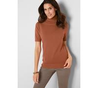 Kurzarmpullover BONPRIX "Rollkragenpullover, Kurzarm", Damen, Gr. 56/58 (XXXL), braun (kastanienbraun), Feinstrick, Obermaterial: 70% Baumwolle, 30% Polyamid, unifarben, slim fit hüftbedeckend, Rundha