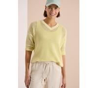 Kurzarmpullover CECIL, Damen, Gr. L (42), light buttermilk gelb, Web, 100% Baumwolle, Strukturmuster, comfort fit normal, V-Ausschnitt, Rippbündchen, Pullover, mit V-Ausschnitt (14531241-L) light butt