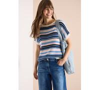 Kurzarmpullover CECIL, Damen, Gr. M (40), bunt (universal blau), Web, 60% Baumwolle, 40% Nylon, unifarben, comfort fit normal, U-Boot-Ausschnitt, Bündchen, Pullover, mit Elastiksaum (54480817-M) unive