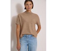 Kurzarmpullover CECIL, Damen, Gr. XXL (46), beige (creamy mocha melange), Web, 37% Baumwolle, 34% Polyacryl, 26% Polyester, 3% Elasthan, meliert, comfort fit normal, hoch geschlossener Ausschnitt, Bün