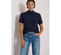 Kurzarmpullover CECIL, Damen, Gr. XXL (46), blau (urban dunkelblau), Web, 37% Baumwolle, 34% Polyacryl, 26% Polyester, 3% Elasthan, meliert, comfort fit normal, hoch geschlossener Ausschnitt, Bündchen