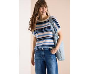Kurzarmpullover CECIL, Damen, Gr. XXL (46), bunt (universal blau), Web, 60% Baumwolle, 40% Nylon, unifarben, comfort fit normal, U-Boot-Ausschnitt, Bündchen, Pullover, mit Elastiksaum (54480817-XXL) u