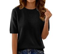 Kurzarmpullover Damen Frühling Sommer Strickpullover Einfarbige Kurzarm Strick Pullover Rundhals Leichte Strickshirt Sweatshirt Casual Bequem Strickpulli Sommerpullover Dünne Pullover Top