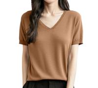 Kurzarmpullover Damen Rundhalsausschnitt Halbarm Pullover Frühling Elegant Sommerpullover Kurzarm Pulli Mode Leicht Strickpullover Strickshirt, Gold, L