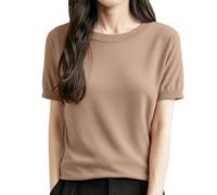 Kurzarmpullover Damen V-Ausschnitt Elegant Sommerpullover Mode Pullover Frühling Kurzarm Leicht Pulli Halbarm Strickpullover Strickshirt, Khaki, M