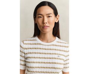 Kurzarmpullover GANT "STRETCH COTTON CABLE STRIPE SS", Damen, Gr. M, oat beige, Strick, Obermaterial: 88% Baumwolle, 10% Polyamid, 2% Elasthan, slim fit normal, Rundhals, Pullover, Gestreifter Zopfstr