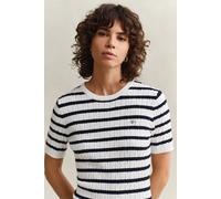 Kurzarmpullover GANT "STRETCH COTTON CABLE STRIPE SS", Damen, Gr. S, eggshell, Strick, Obermaterial: 88% Baumwolle, 10% Polyamid, 2% Elasthan, slim fit normal, Rundhals, Pullover, Gestreifter Zopfstri