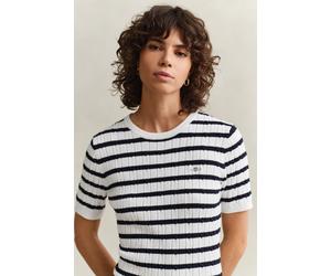 Kurzarmpullover GANT "STRETCH COTTON CABLE STRIPE SS", Damen, Gr. XXL, eggshell, Strick, Obermaterial: 88% Baumwolle, 10% Polyamid, 2% Elasthan, slim fit normal, Rundhals, Pullover, Gestreifter Zopfst