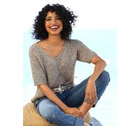 Kurzarmpullover HEINE "Pullover", Damen, Gr. 46, beige (schlamm), 46% Polyester, 31% Polyacryl, 23% Polyamid, unifarben, Pullover (41502323-46) schlamm