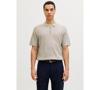 Kurzarmpullover JACK & JONES "JJEEMIL KNIT ZIP POLO SS SN", Herren, Gr. S, beige (oatmeal detail:melange), Strick, Obermaterial: 60% Baumwolle, 20% Nylon, 20% Viskose, meliert, normal, Rundhals, Pullo