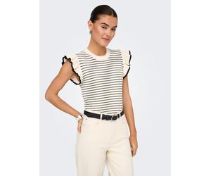 Kurzarmpullover JDY "JDYCARICE S/L FRILL PULLOVER KNT NOOS", Damen, Gr. L, cloud dancer detail:with schwarz structure, Strick, Obermaterial: 100% Baumwolle, gestreift, normal, Rundhals, Pullover (6774