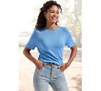 Kurzarmpullover LASCANA "aus nahtlosem Feinstrick in Viskosemix", Damen, Gr. 40/42, blau, Strick, Obermaterial: 50% Polyacryl, 50% Viskose, unifarben, figurumspielend hüftlang, Rundhals, Pullover, hoc