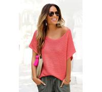 Kurzarmpullover LASCANA, Damen, Gr. 36/38, orange (koralle), Strick, Obermaterial: 100% Polyacryl, unifarben, figurumspielend hüftlang, Rundhals, Pullover, in luftigem Ajourstrick, Strickpullover, som