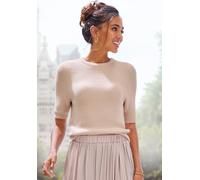Kurzarmpullover LASCANA, Damen, Gr. 40/42, beige (sand), Rippstrick, Obermaterial: 80% Polyamid, 15% Viskose, 5% Polyester, unifarben, figurumspielend hüftlang, Rundhals, Pullover, flauschiger Strickp