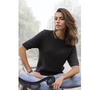 Kurzarmpullover LASCANA, Damen, Gr. 44/46, schwarz, Rippstrick, Obermaterial: 80% Polyamid, 15% Viskose, 5% Polyester, unifarben, figurumspielend hüftlang, Rundhals, Pullover, flauschiger Strickpullov