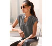 Kurzarmpullover LASCANA, Damen, Gr. 44/46, schwarz, silberfarben, Glitzergarne, Obermaterial: 70% Polyester, 30% Polyamid, Glanzfaden, figurumspielend hüftlang, Rundhals, Pullover (38793103-44) schwar