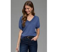 Kurzarmpullover LAURA SCOTT "im sommerlichen Tshirt Schnitt", Damen, Gr. 40/42, blau (jeansblau), Feinstrick, Obermaterial: 70% Viskose, 30% Polyamid, unifarben, figurumspielend hüftlang, V-Ausschnitt