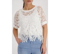 Kurzarmpullover MONARI "Pullover Basic Spitze", Damen, Gr. 40, ecru, Strick, Obermaterial: 100% Baumwolle. Spitze: 92% Baumwolle, 6% Polyamid, 2% Elasthan, unifarben, regular fit normal, Rundhals, Pul
