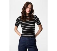 Kurzarmpullover PIECES "PCMIRA SS O-NECK KNIT NOOS BC", Damen, Gr. S, schwarz stripes:birch narrow, Strick, Obermaterial: 50% Viskose, 28% Polyester, 22% Nylon, gestreift, normal, Rundhals, Pullover,