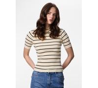 Kurzarmpullover PIECES "PCMIRA SS O-NECK KNIT NOOS BC", Damen, Gr. XL, beige (birch stripes:schwarz narrow), Strick, Obermaterial: 50% Viskose, 28% Polyester, 22% Nylon, gestreift, normal, Rundhals, P